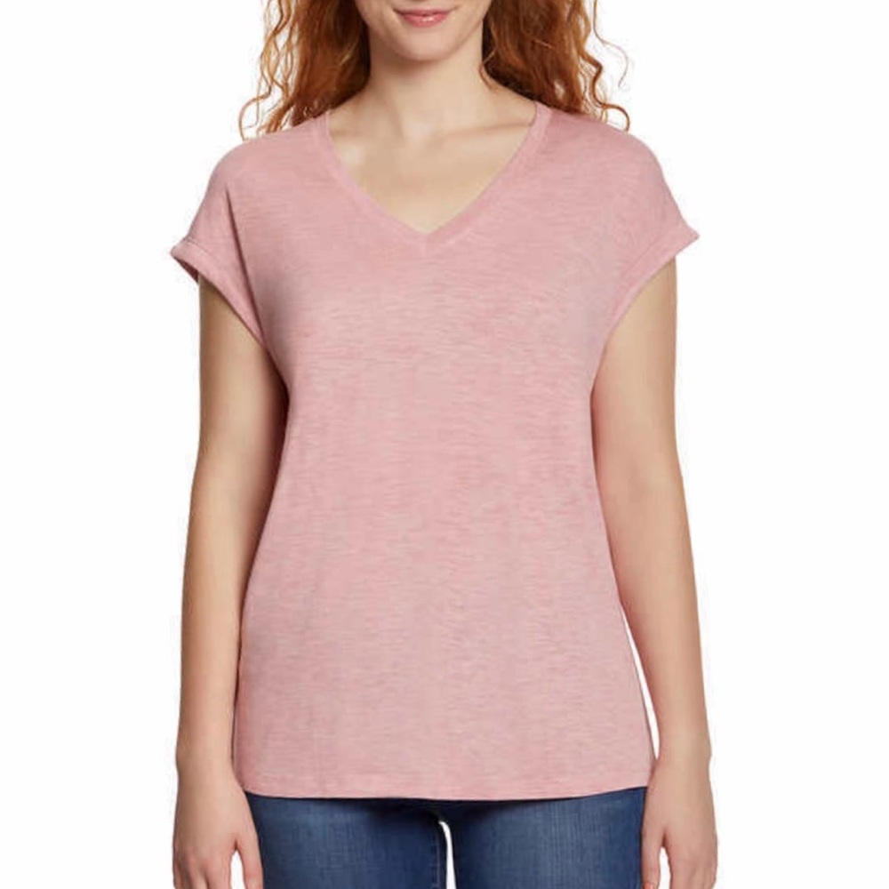 JESSICA SIMPSON V-Neck Knit Top Pink Marled Heathered Short Sleeve Dolman Sleeve